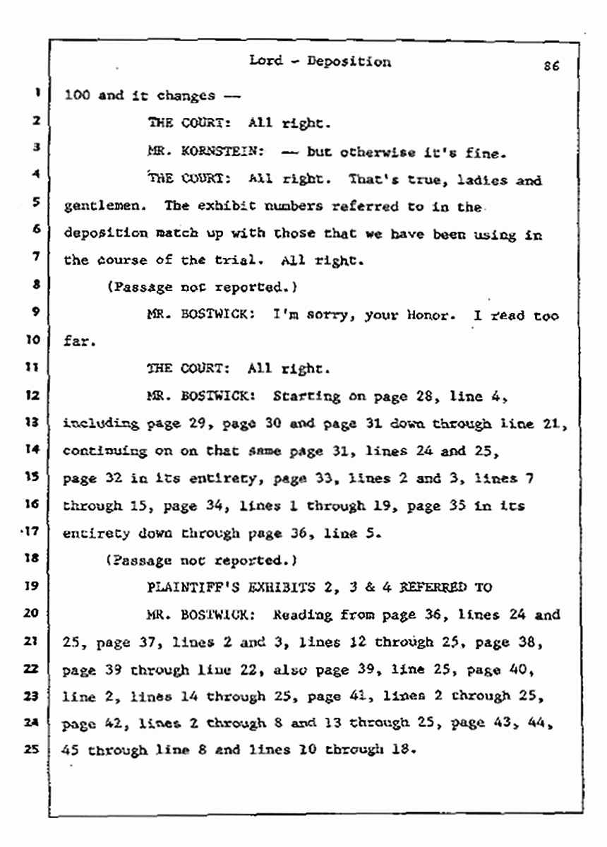 Los Angeles, California Civil Trial<br>Jeffrey MacDonald vs. Joe McGinniss<br><br>July 13, 1987:<br>Plaintiff's Witness: Sterling Lord, by Deposition, p. 86