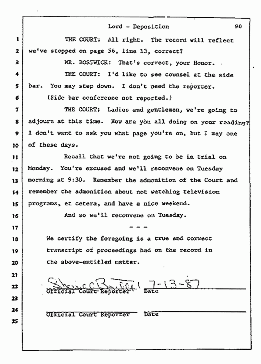 Los Angeles, California Civil Trial<br>Jeffrey MacDonald vs. Joe McGinniss<br><br>July 13, 1987:<br>Plaintiff's Witness: Sterling Lord, by Deposition, p. 90