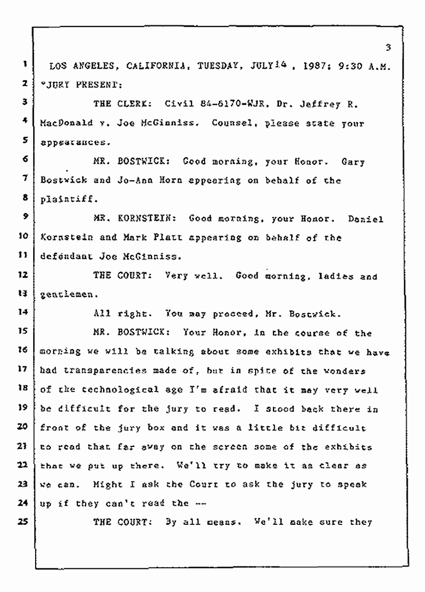 Los Angeles, California Civil Trial<br>Jeffrey MacDonald vs. Joe McGinniss<br><br>July 14, 1987:<br>Plaintiff's Witness: Sterling Lord, by Deposition, p. 3