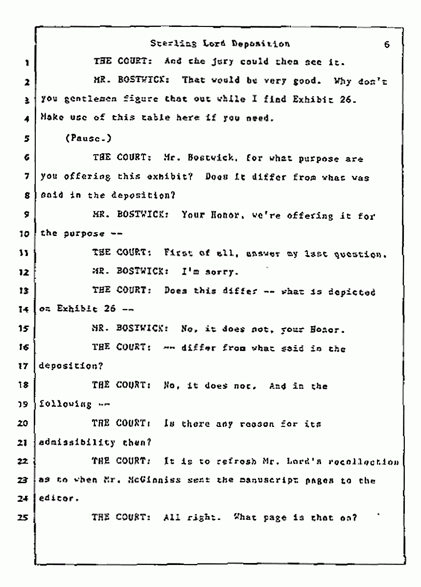 Los Angeles, California Civil Trial<br>Jeffrey MacDonald vs. Joe McGinniss<br><br>July 14, 1987:<br>Plaintiff's Witness: Sterling Lord, by Deposition, p. 6