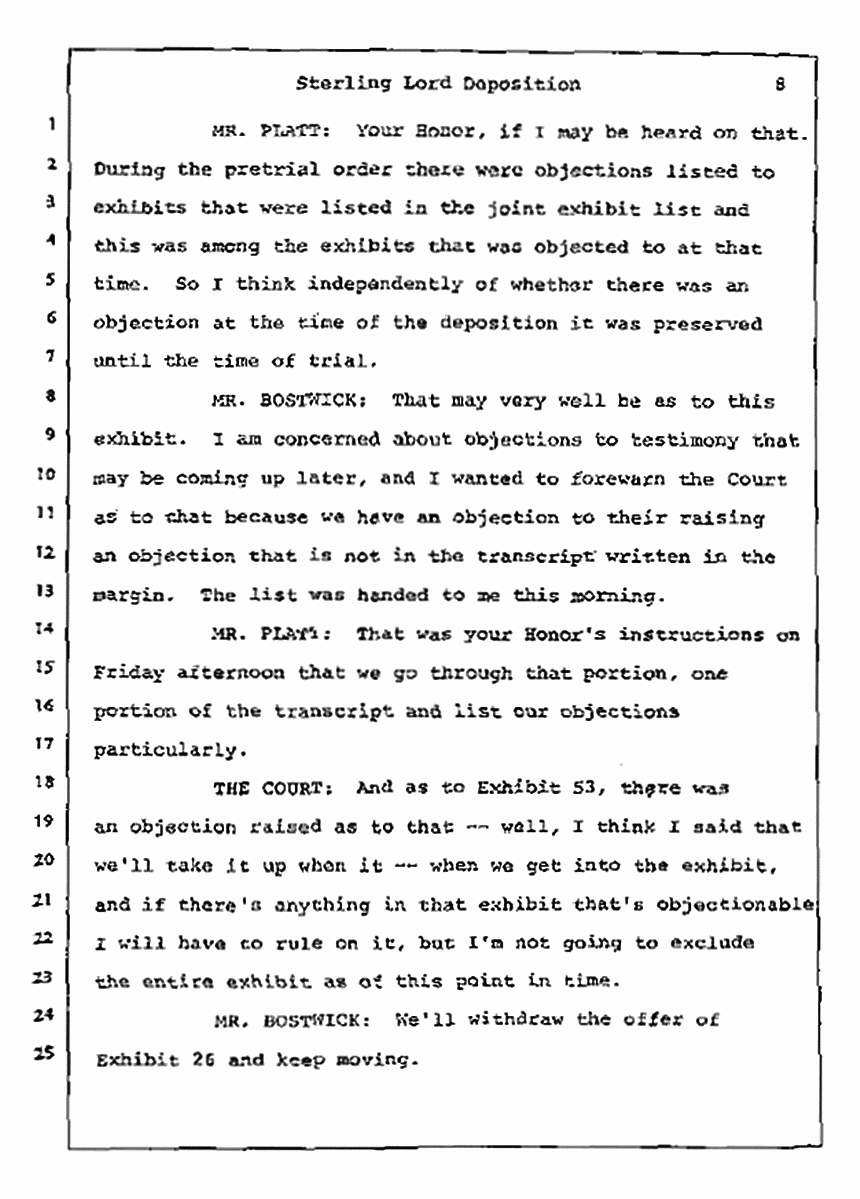 Los Angeles, California Civil Trial<br>Jeffrey MacDonald vs. Joe McGinniss<br><br>July 14, 1987:<br>Plaintiff's Witness: Sterling Lord, by Deposition, p. 8