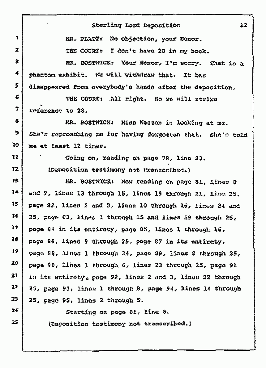 Los Angeles, California Civil Trial<br>Jeffrey MacDonald vs. Joe McGinniss<br><br>July 14, 1987:<br>Plaintiff's Witness: Sterling Lord, by Deposition, p. 12