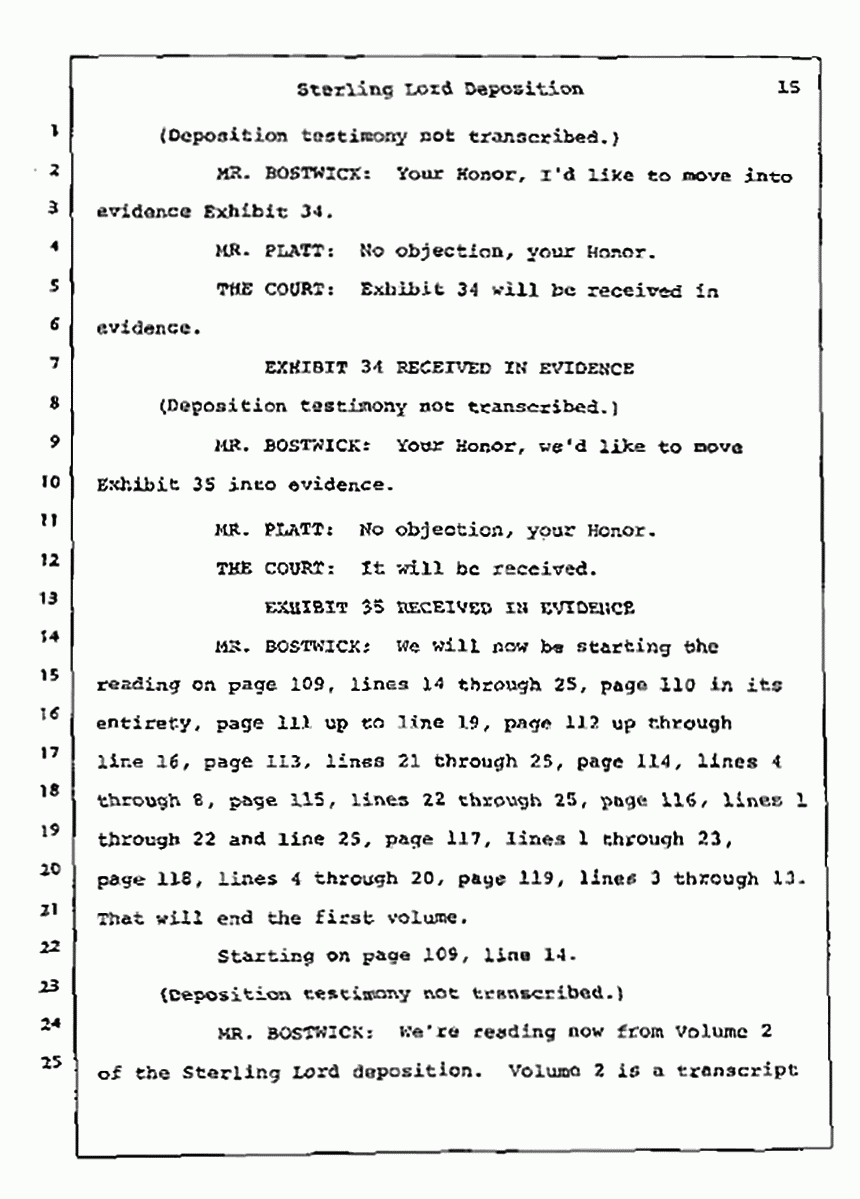 Los Angeles, California Civil Trial<br>Jeffrey MacDonald vs. Joe McGinniss<br><br>July 14, 1987:<br>Plaintiff's Witness: Sterling Lord, by Deposition, p. 15
