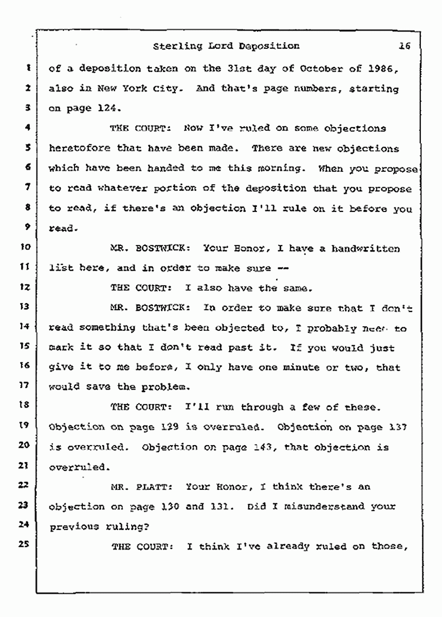 Los Angeles, California Civil Trial<br>Jeffrey MacDonald vs. Joe McGinniss<br><br>July 14, 1987:<br>Plaintiff's Witness: Sterling Lord, by Deposition, p. 16