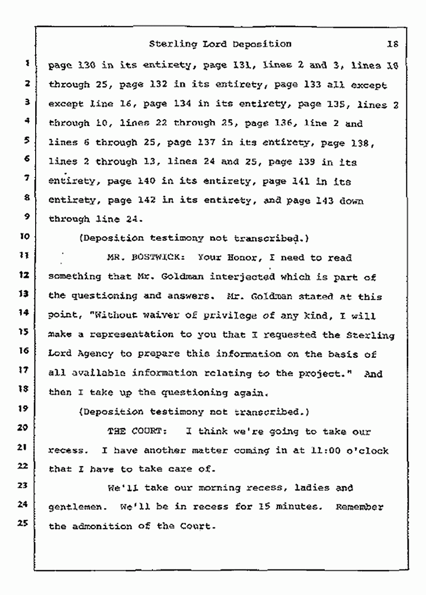 Los Angeles, California Civil Trial<br>Jeffrey MacDonald vs. Joe McGinniss<br><br>July 14, 1987:<br>Plaintiff's Witness: Sterling Lord, by Deposition, p. 18