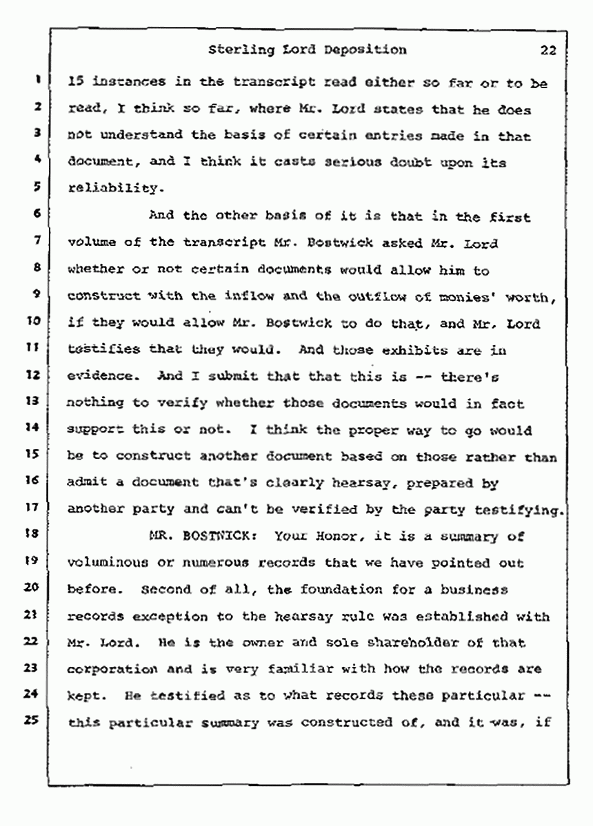 Los Angeles, California Civil Trial<br>Jeffrey MacDonald vs. Joe McGinniss<br><br>July 14, 1987:<br>Plaintiff's Witness: Sterling Lord, by Deposition, p. 22