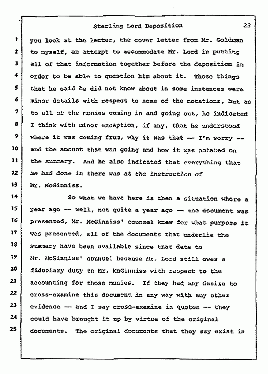 Los Angeles, California Civil Trial<br>Jeffrey MacDonald vs. Joe McGinniss<br><br>July 14, 1987:<br>Plaintiff's Witness: Sterling Lord, by Deposition, p. 23