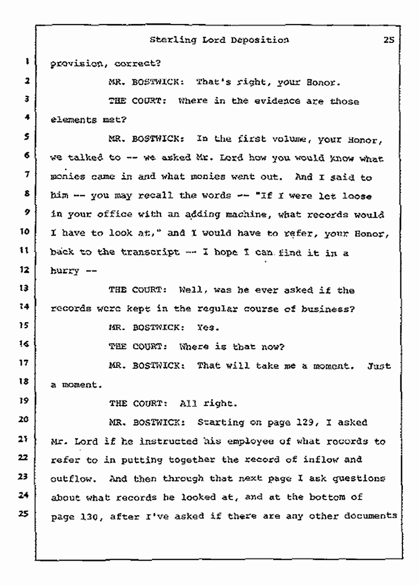 Los Angeles, California Civil Trial<br>Jeffrey MacDonald vs. Joe McGinniss<br><br>July 14, 1987:<br>Plaintiff's Witness: Sterling Lord, by Deposition, p. 25