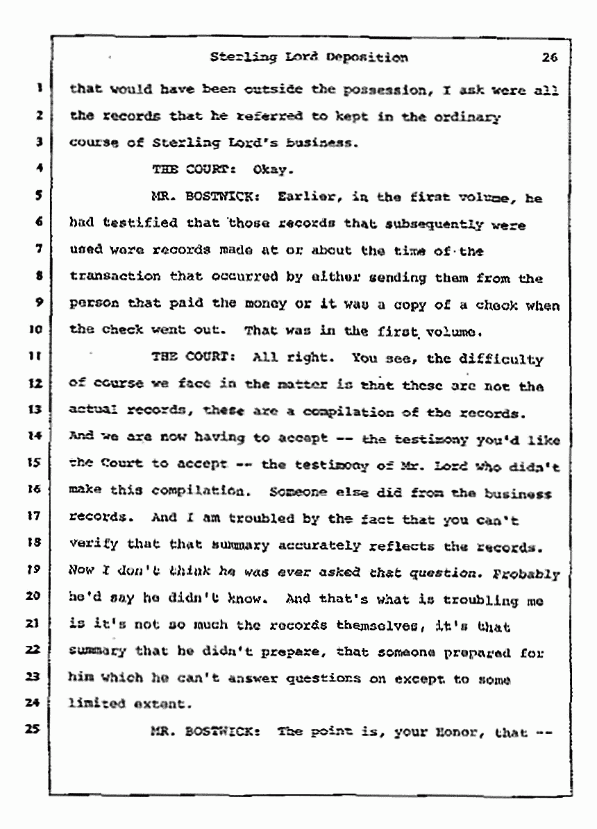 Los Angeles, California Civil Trial<br>Jeffrey MacDonald vs. Joe McGinniss<br><br>July 14, 1987:<br>Plaintiff's Witness: Sterling Lord, by Deposition, p. 26