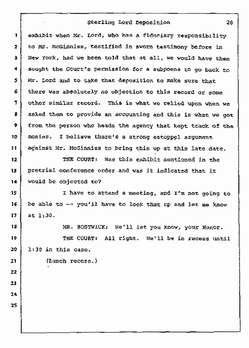 Los Angeles, California Civil Trial<br>Jeffrey MacDonald vs. Joe McGinniss<br><br>July 14, 1987:<br>Plaintiff's Witness: Sterling Lord, by Deposition, p. 28