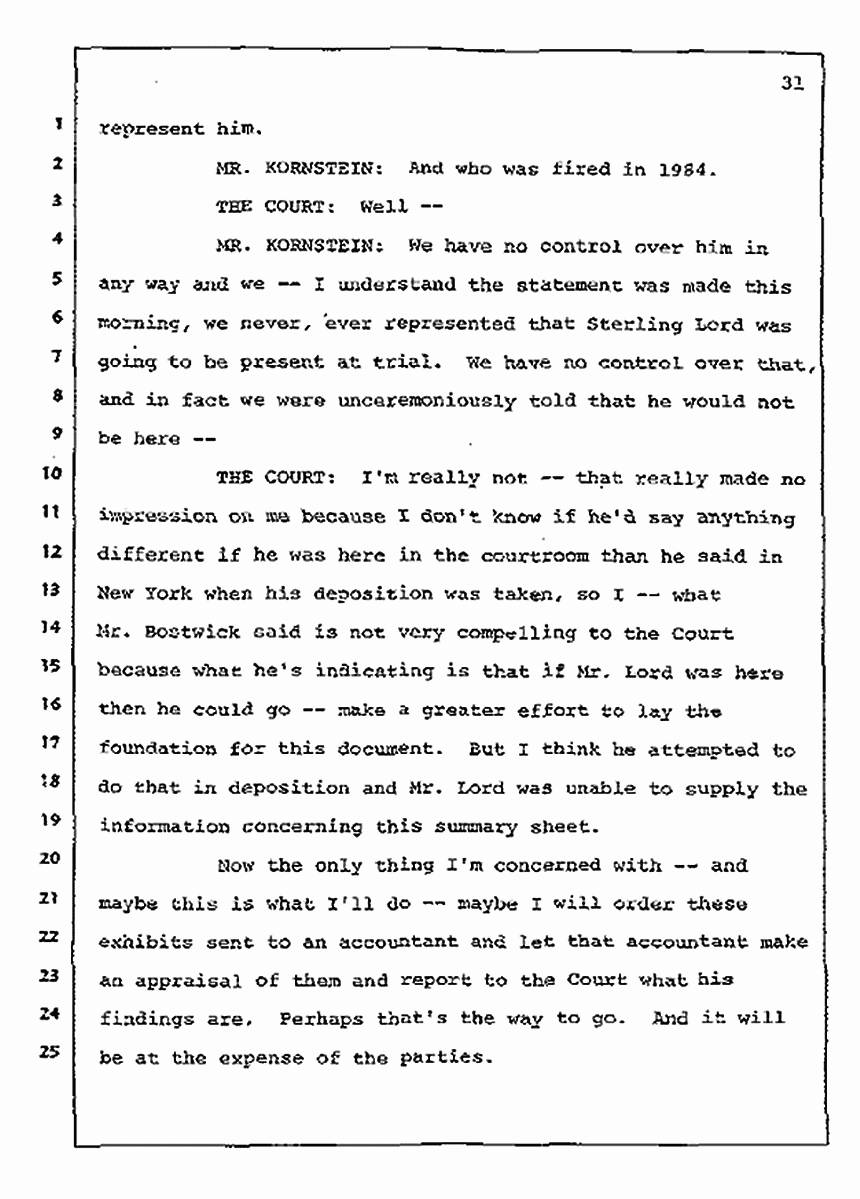 Los Angeles, California Civil Trial<br>Jeffrey MacDonald vs. Joe McGinniss<br><br>July 14, 1987:<br>Plaintiff's Witness: Sterling Lord, by Deposition, p. 31