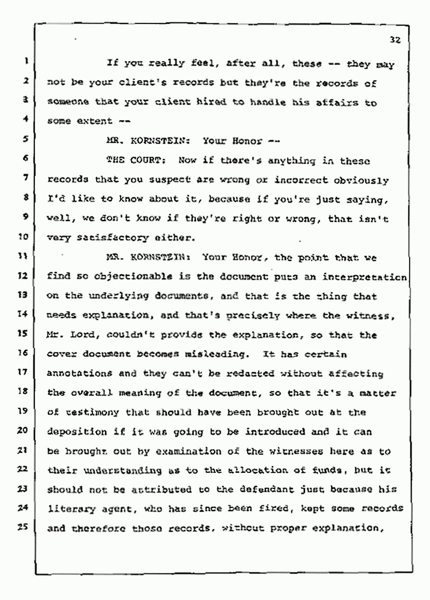 Los Angeles, California Civil Trial<br>Jeffrey MacDonald vs. Joe McGinniss<br><br>July 14, 1987:<br>Plaintiff's Witness: Sterling Lord, by Deposition, p. 32