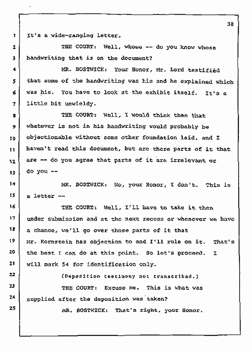 Los Angeles, California Civil Trial<br>Jeffrey MacDonald vs. Joe McGinniss<br><br>July 14, 1987:<br>Plaintiff's Witness: Sterling Lord, by Deposition, p. 38
