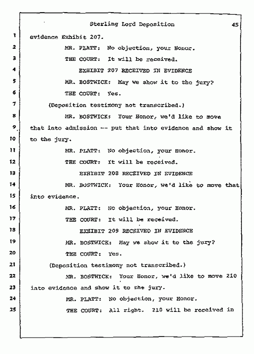 Los Angeles, California Civil Trial<br>Jeffrey MacDonald vs. Joe McGinniss<br><br>July 14, 1987:<br>Plaintiff's Witness: Sterling Lord, by Deposition, p. 45
