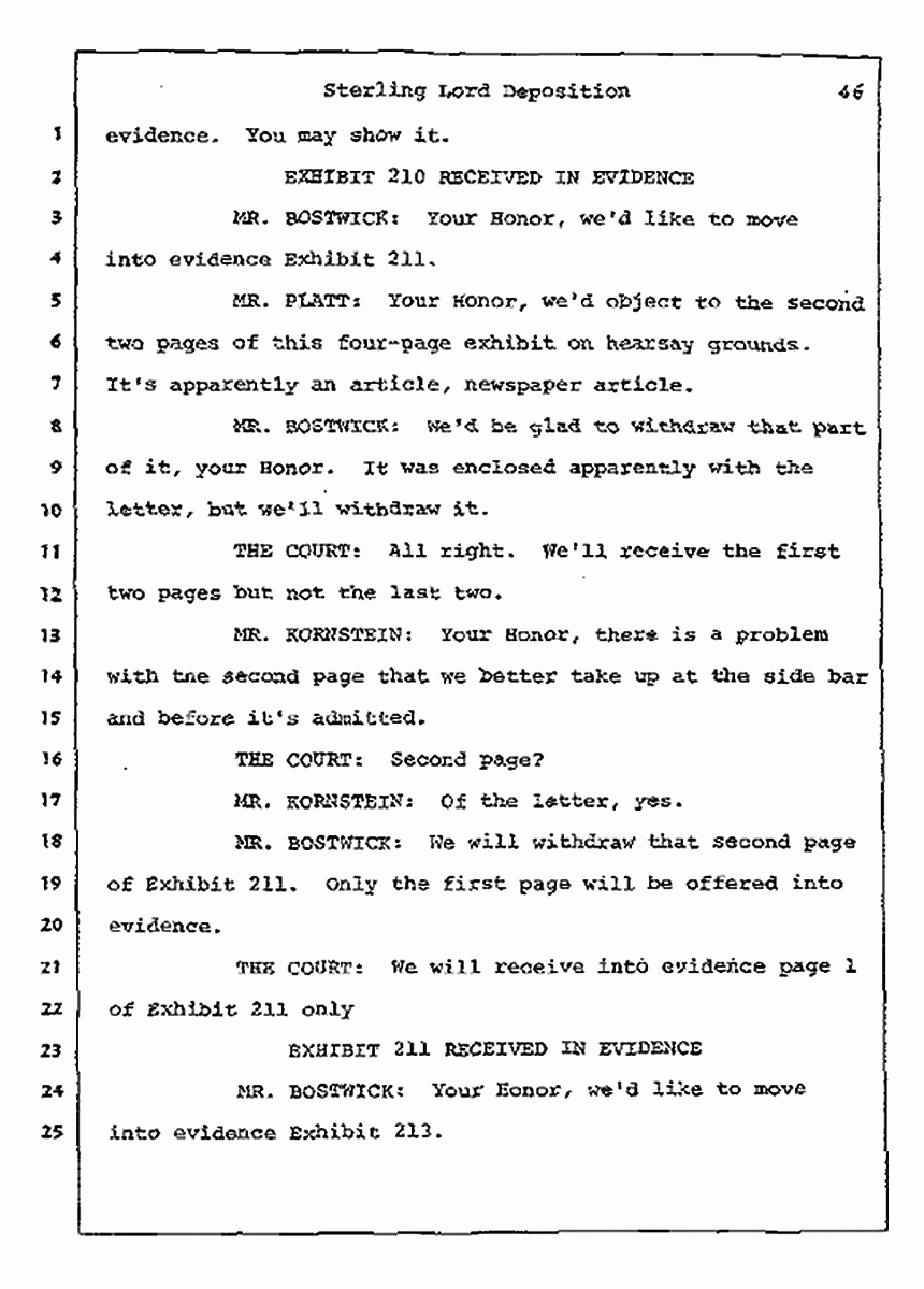 Los Angeles, California Civil Trial<br>Jeffrey MacDonald vs. Joe McGinniss<br><br>July 14, 1987:<br>Plaintiff's Witness: Sterling Lord, by Deposition, p. 46