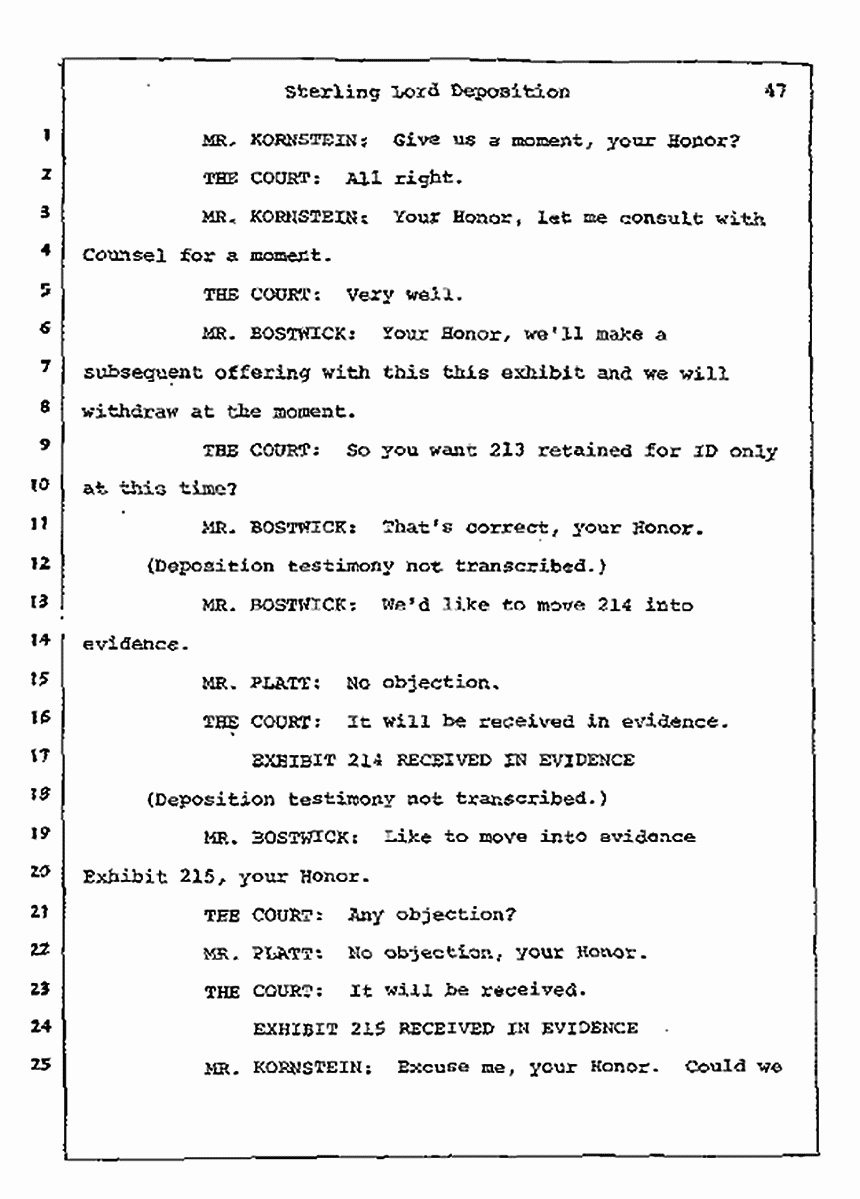 Los Angeles, California Civil Trial<br>Jeffrey MacDonald vs. Joe McGinniss<br><br>July 14, 1987:<br>Plaintiff's Witness: Sterling Lord, by Deposition, p. 47