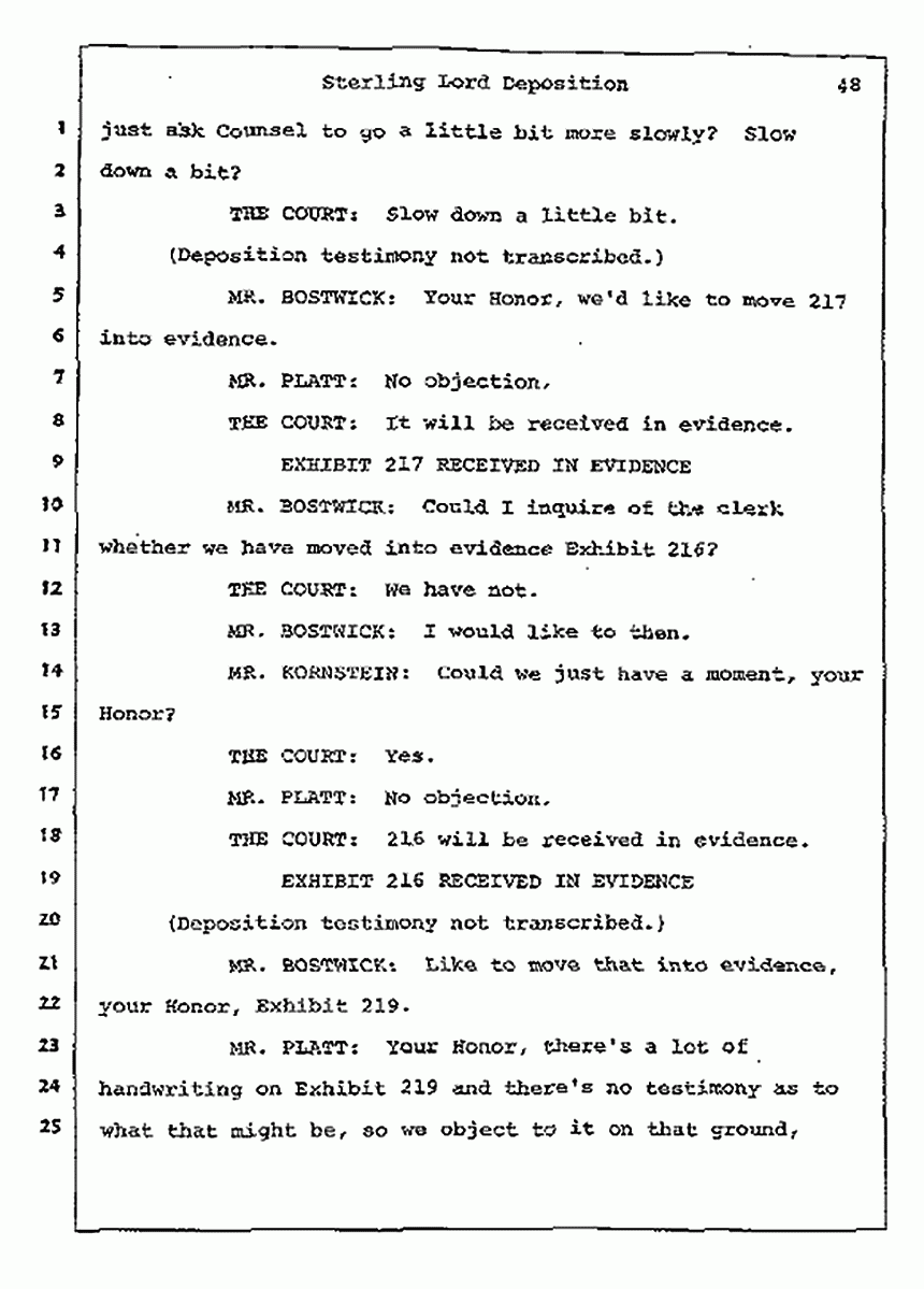 Los Angeles, California Civil Trial<br>Jeffrey MacDonald vs. Joe McGinniss<br><br>July 14, 1987:<br>Plaintiff's Witness: Sterling Lord, by Deposition, p. 48