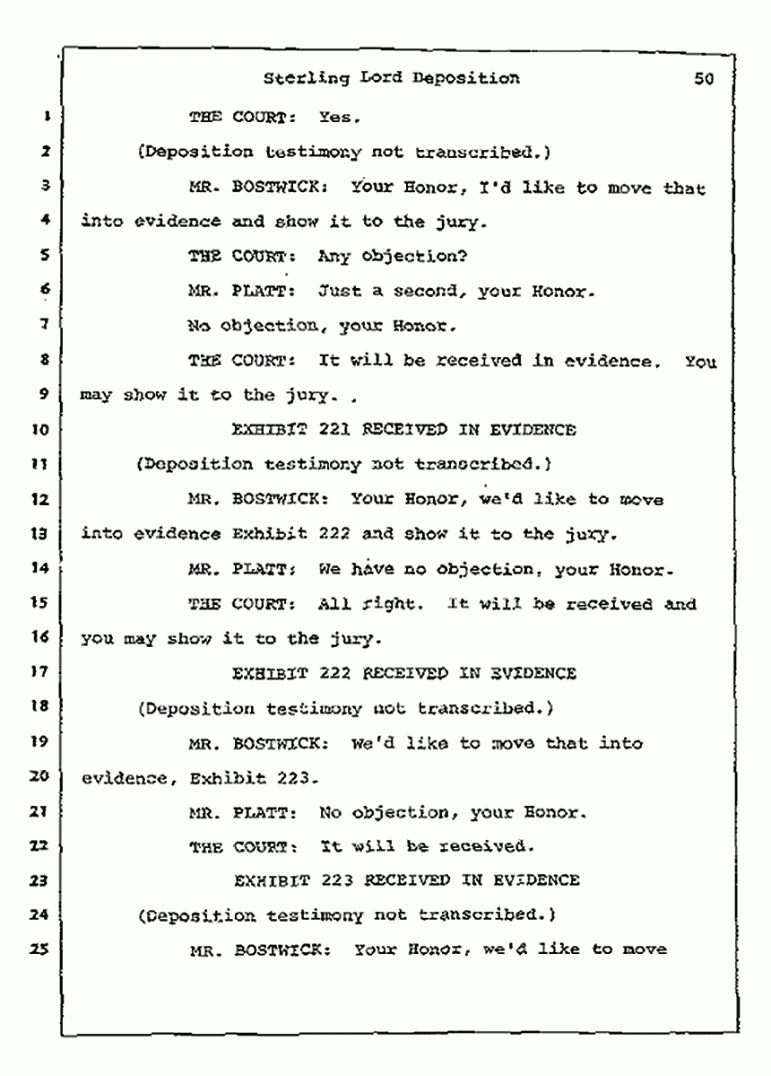 Los Angeles, California Civil Trial<br>Jeffrey MacDonald vs. Joe McGinniss<br><br>July 14, 1987:<br>Plaintiff's Witness: Sterling Lord, by Deposition, p. 50