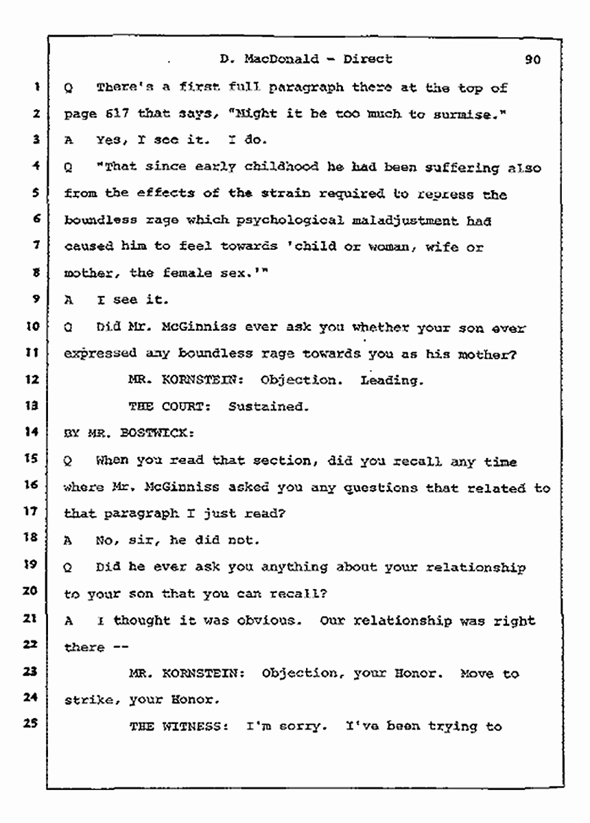 Los Angeles, California Civil Trial<br>Jeffrey MacDonald vs. Joe McGinniss<br><br>July 14, 1987:<br>Plaintiff's Witness: Dorothy MacDonald, p. 90