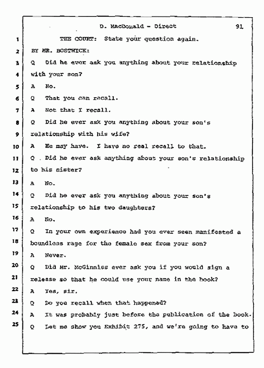 Los Angeles, California Civil Trial<br>Jeffrey MacDonald vs. Joe McGinniss<br><br>July 14, 1987:<br>Plaintiff's Witness: Dorothy MacDonald, p. 91