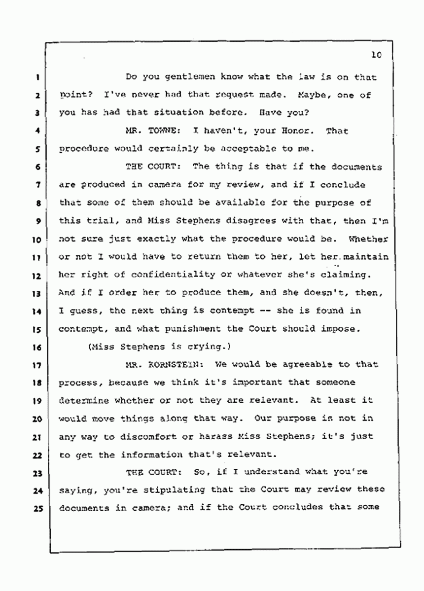 Los Angeles, California Civil Trial<br>Jeffrey MacDonald vs. Joe McGinniss<br><br>July 15, 1987:<br>Plaintiff's Witness: Melinda Stephens, p. 10