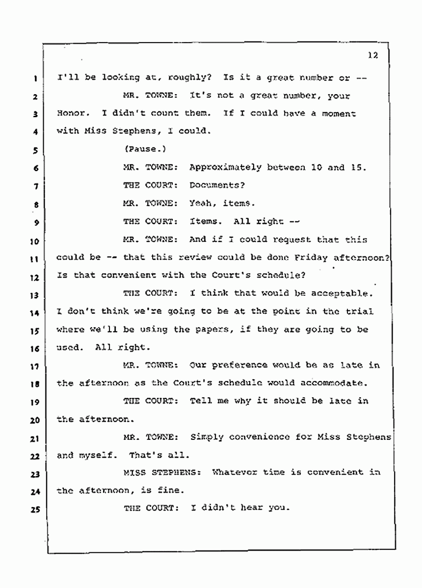 Los Angeles, California Civil Trial<br>Jeffrey MacDonald vs. Joe McGinniss<br><br>July 15, 1987:<br>Plaintiff's Witness: Melinda Stephens, p. 12