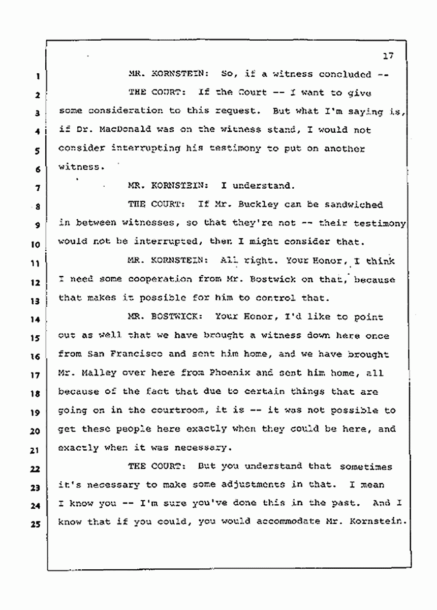 Los Angeles, California Civil Trial<br>Jeffrey MacDonald vs. Joe McGinniss<br><br>July 15, 1987:<br>Plaintiff's Witness: Melinda Stephens, p. 17