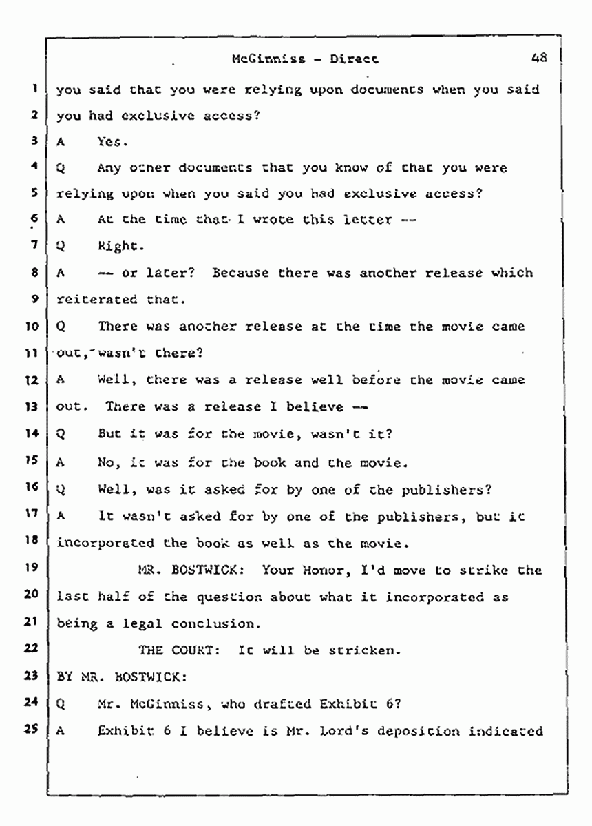 Los Angeles, California Civil Trial<br>Jeffrey MacDonald vs. Joe McGinniss<br><br>July 16, 1987:<br>Plaintiff's Witness: Joe McGinniss, p. 48