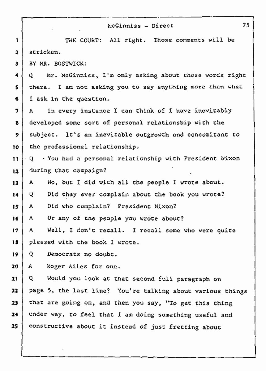 Los Angeles, California Civil Trial<br>Jeffrey MacDonald vs. Joe McGinniss<br><br>July 16, 1987:<br>Plaintiff's Witness: Joe McGinniss, p. 75