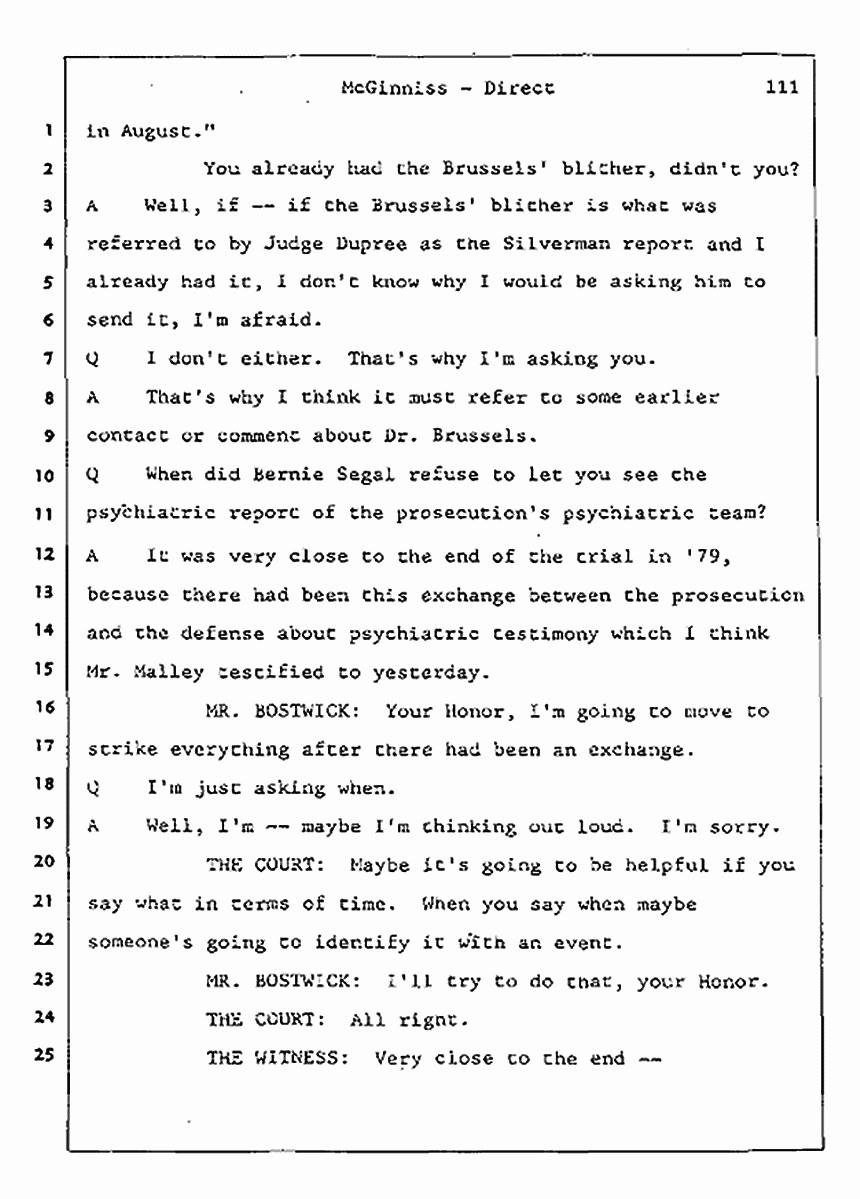 Los Angeles, California Civil Trial<br>Jeffrey MacDonald vs. Joe McGinniss<br><br>July 16, 1987:<br>Plaintiff's Witness: Joe McGinniss, p. 111