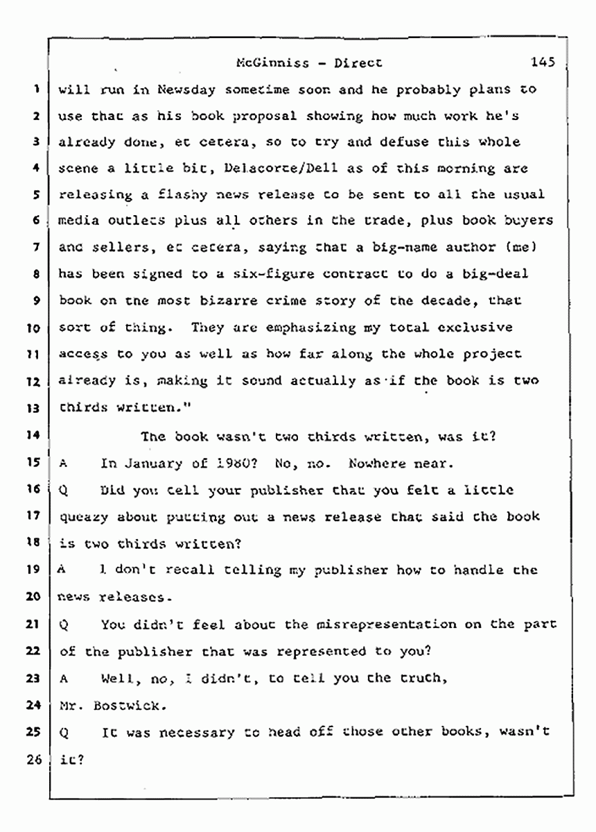 Los Angeles, California Civil Trial<br>Jeffrey MacDonald vs. Joe McGinniss<br><br>July 16, 1987:<br>Plaintiff's Witness: Joe McGinniss, p. 145