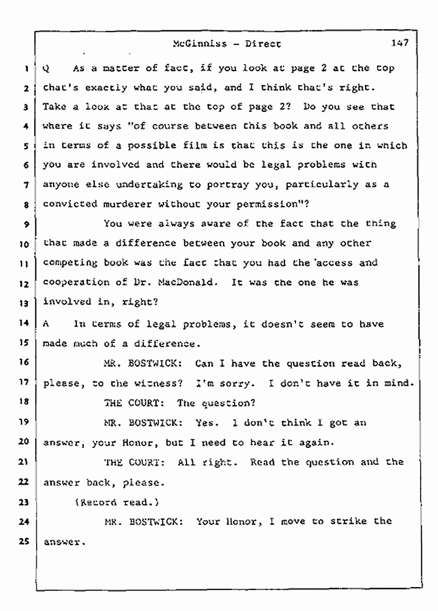 Los Angeles, California Civil Trial<br>Jeffrey MacDonald vs. Joe McGinniss<br><br>July 16, 1987:<br>Plaintiff's Witness: Joe McGinniss, p. 147