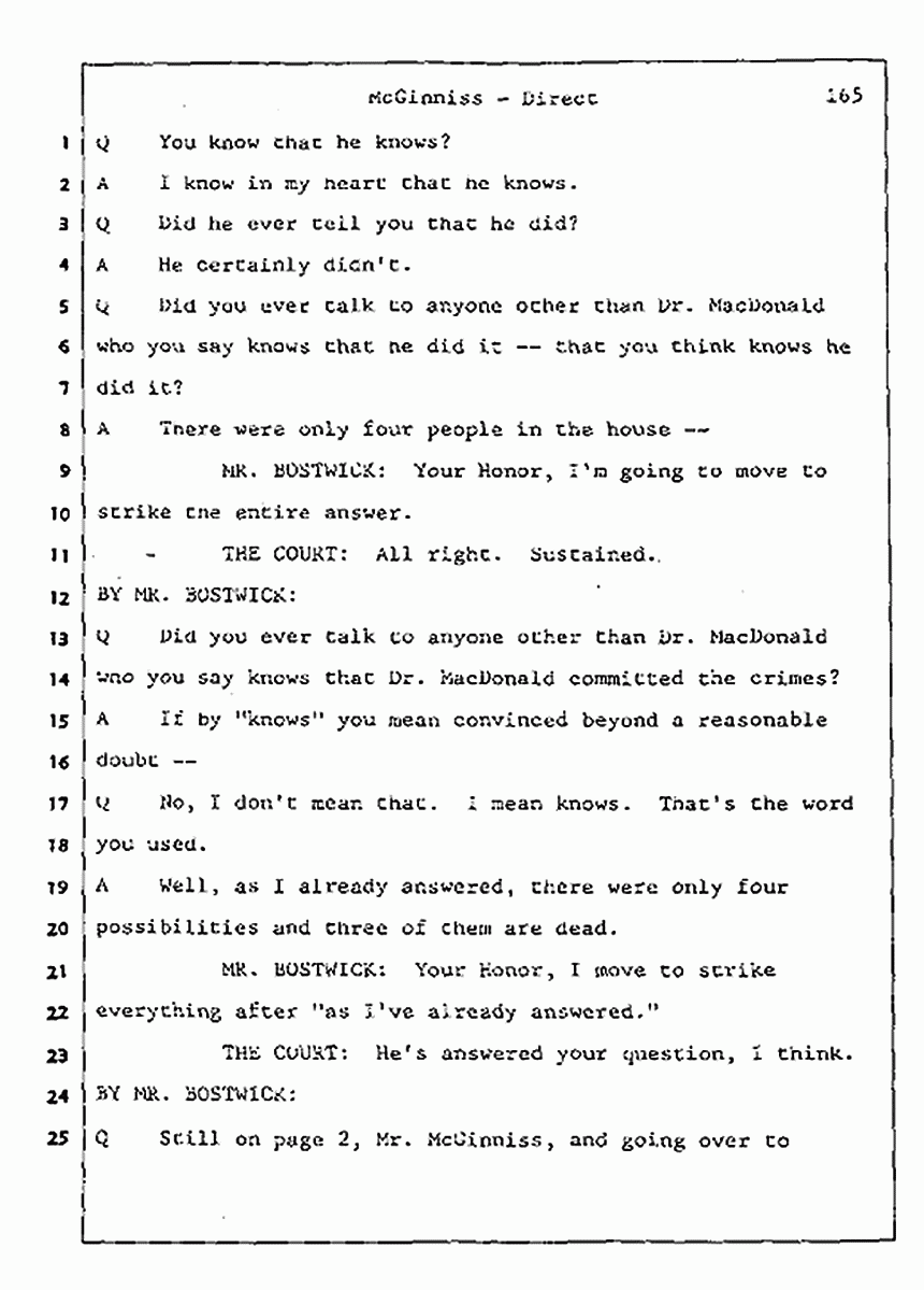 Los Angeles, California Civil Trial<br>Jeffrey MacDonald vs. Joe McGinniss<br><br>July 16, 1987:<br>Plaintiff's Witness: Joe McGinniss, p. 165