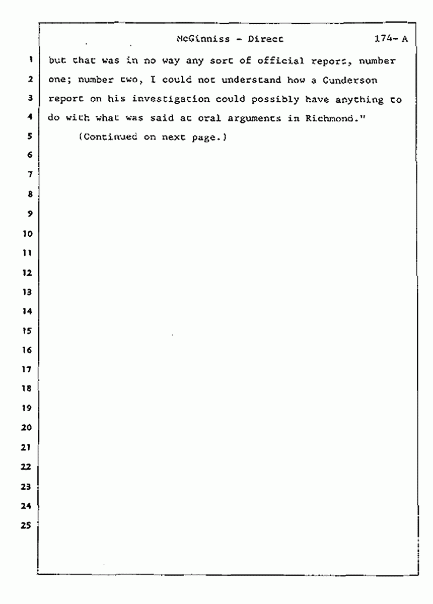Los Angeles, California Civil Trial<br>Jeffrey MacDonald vs. Joe McGinniss<br><br>July 16, 1987:<br>Plaintiff's Witness: Joe McGinniss, p. 174-A