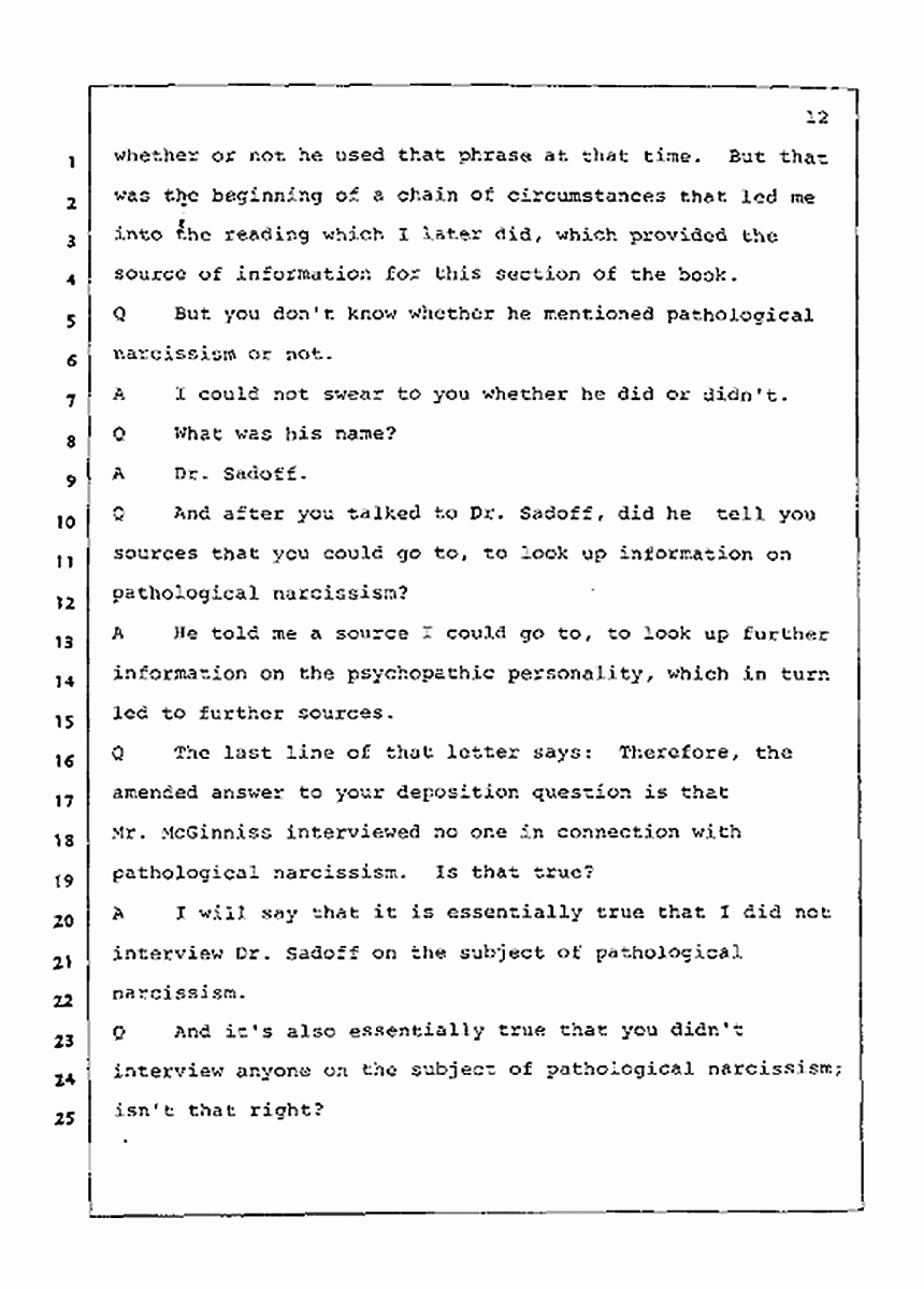 Los Angeles, California Civil Trial<br>Jeffrey MacDonald vs. Joe McGinniss<br><br>July 21, 1987:<br>Plaintiff's Witness: Joe McGinniss, p. 12
