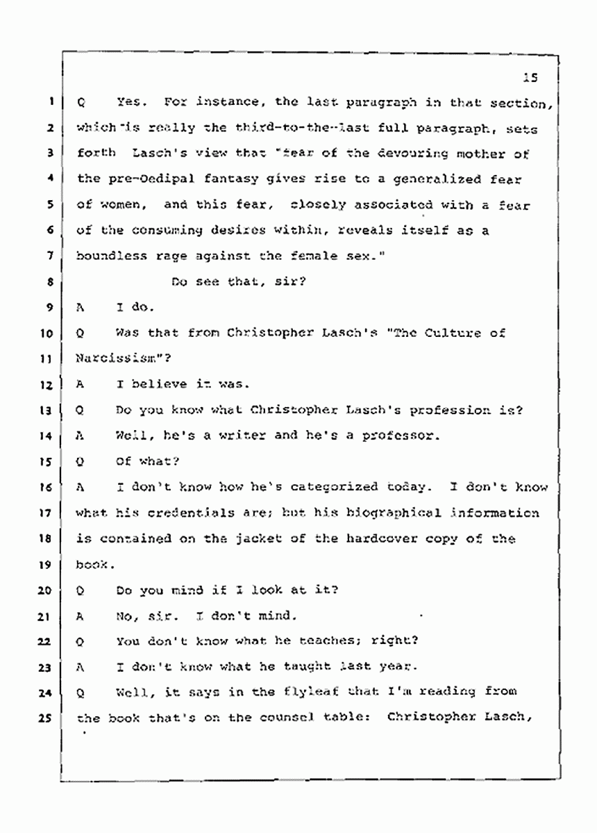 Los Angeles, California Civil Trial<br>Jeffrey MacDonald vs. Joe McGinniss<br><br>July 21, 1987:<br>Plaintiff's Witness: Joe McGinniss, p. 15