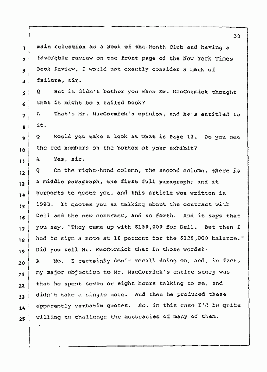 Los Angeles, California Civil Trial<br>Jeffrey MacDonald vs. Joe McGinniss<br><br>July 21, 1987:<br>Plaintiff's Witness: Joe McGinniss, p. 30