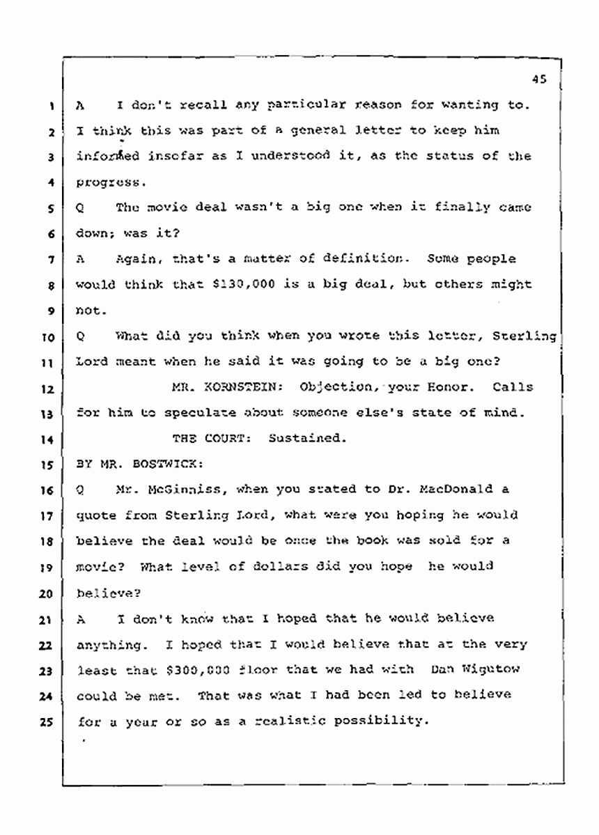 Los Angeles, California Civil Trial<br>Jeffrey MacDonald vs. Joe McGinniss<br><br>July 21, 1987:<br>Plaintiff's Witness: Joe McGinniss, p. 45