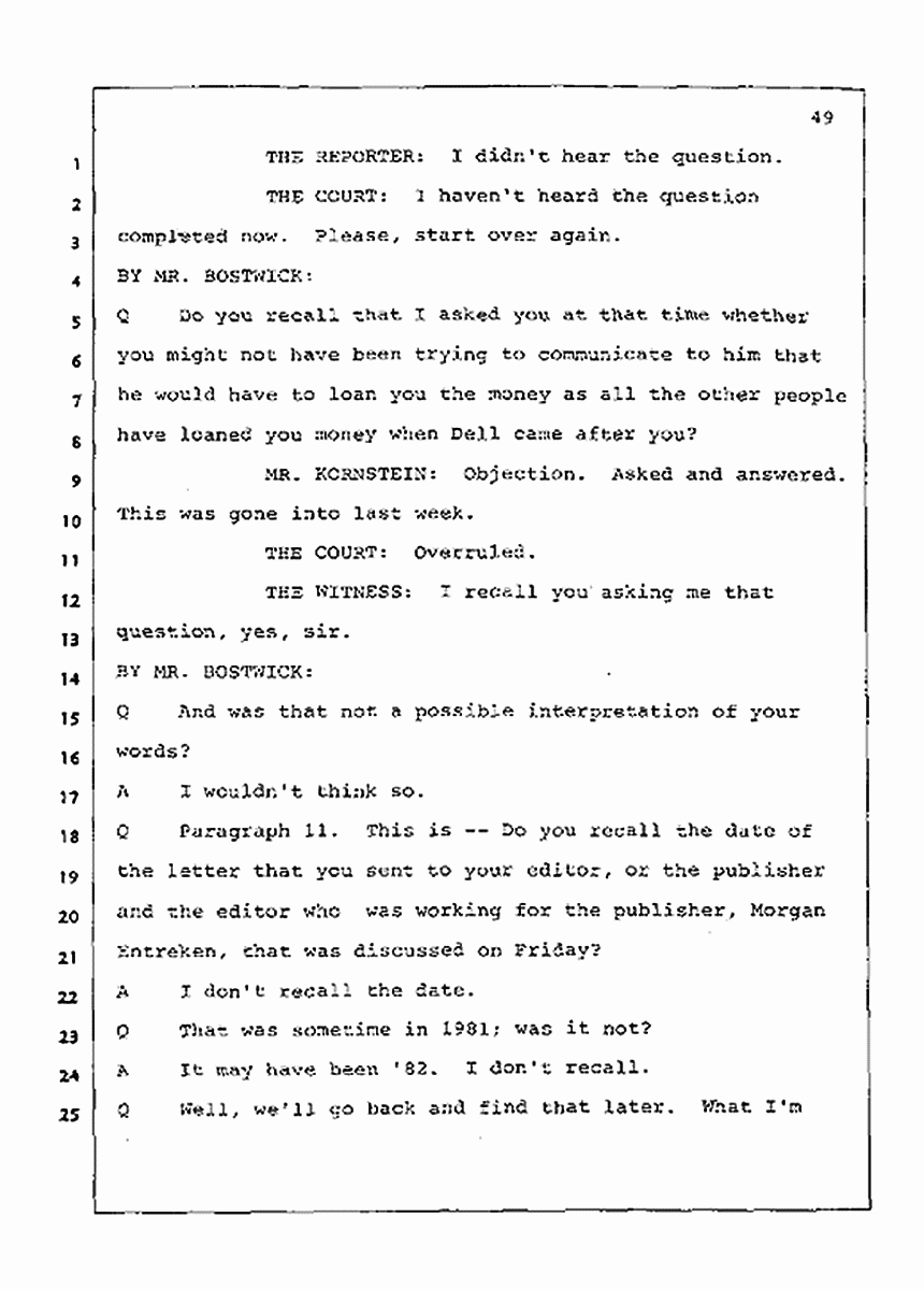 Los Angeles, California Civil Trial<br>Jeffrey MacDonald vs. Joe McGinniss<br><br>July 21, 1987:<br>Plaintiff's Witness: Joe McGinniss, p. 49