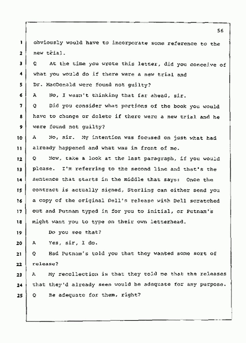 Los Angeles, California Civil Trial<br>Jeffrey MacDonald vs. Joe McGinniss<br><br>July 21, 1987:<br>Plaintiff's Witness: Joe McGinniss, p. 56
