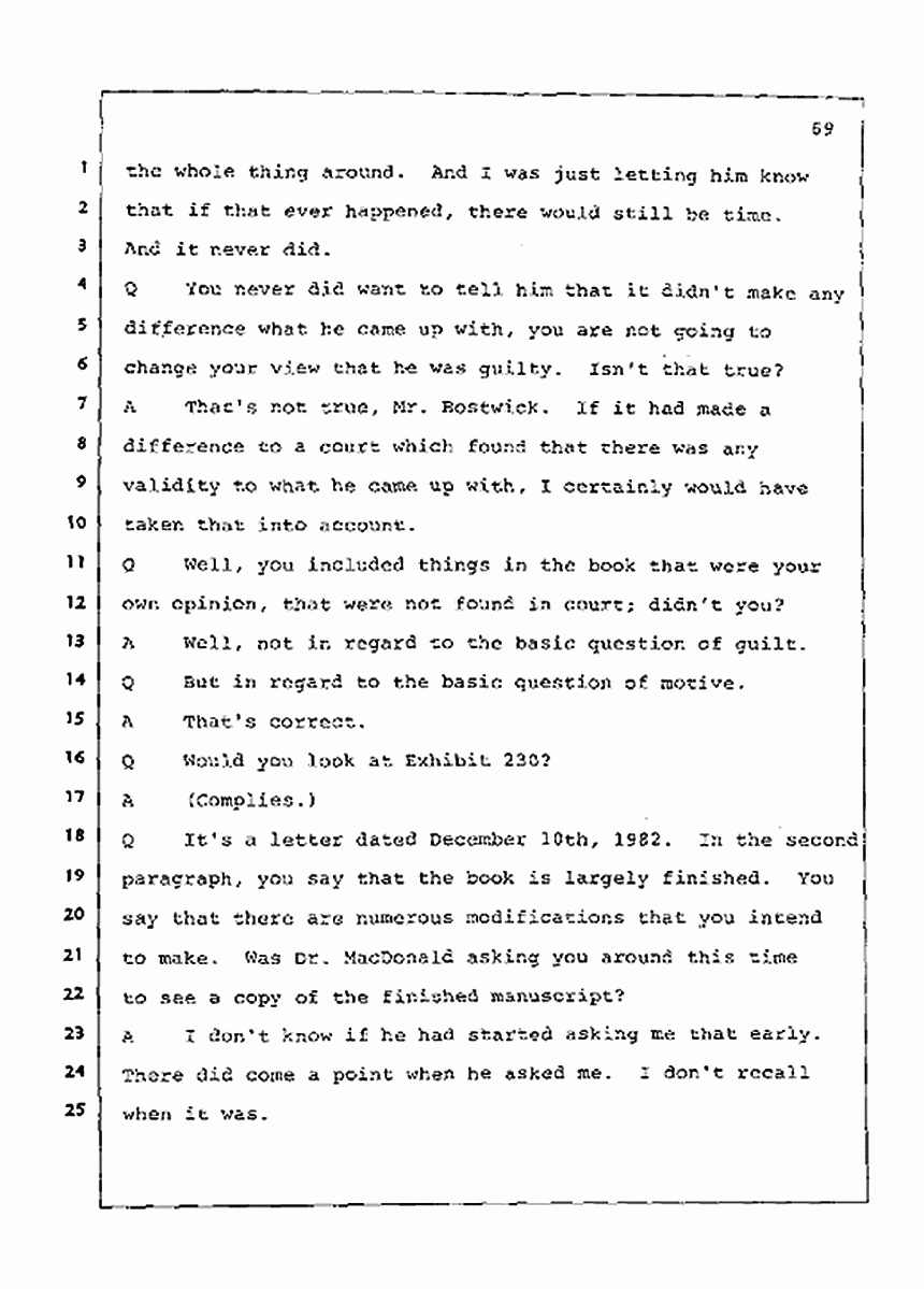 Los Angeles, California Civil Trial<br>Jeffrey MacDonald vs. Joe McGinniss<br><br>July 21, 1987:<br>Plaintiff's Witness: Joe McGinniss, p. 69