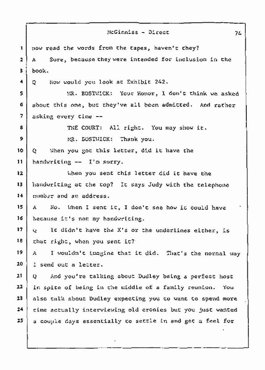 Los Angeles, California Civil Trial<br>Jeffrey MacDonald vs. Joe McGinniss<br><br>July 21, 1987:<br>Plaintiff's Witness: Joe McGinniss, p. 74