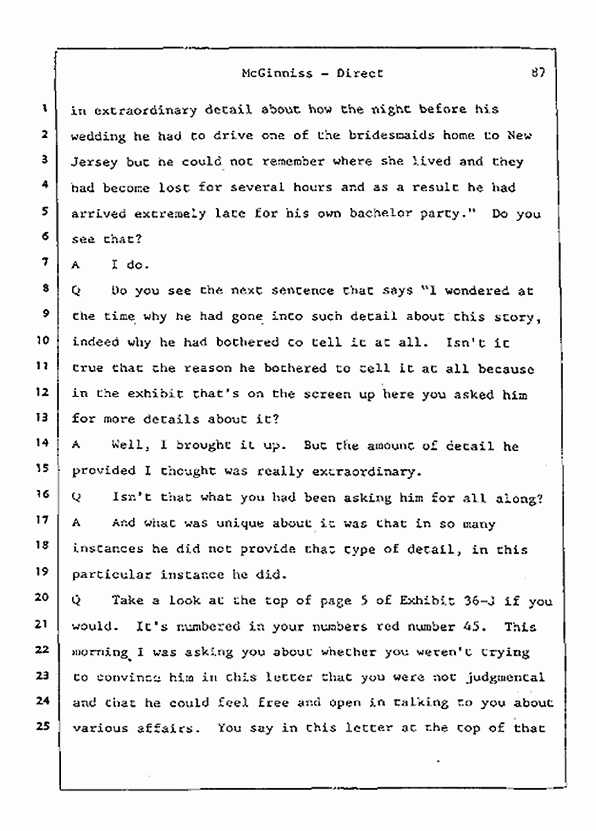 Los Angeles, California Civil Trial<br>Jeffrey MacDonald vs. Joe McGinniss<br><br>July 21, 1987:<br>Plaintiff's Witness: Joe McGinniss, p. 87