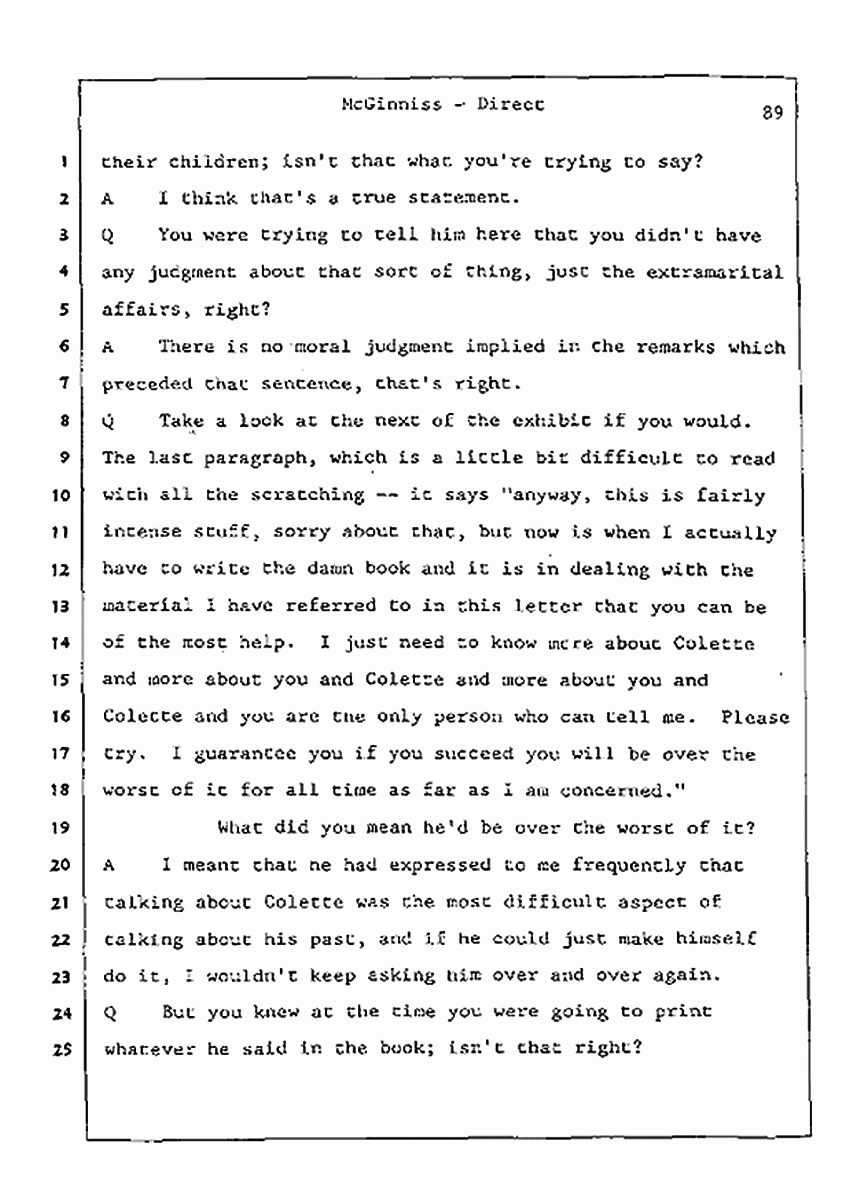 Los Angeles, California Civil Trial<br>Jeffrey MacDonald vs. Joe McGinniss<br><br>July 21, 1987:<br>Plaintiff's Witness: Joe McGinniss, p. 89