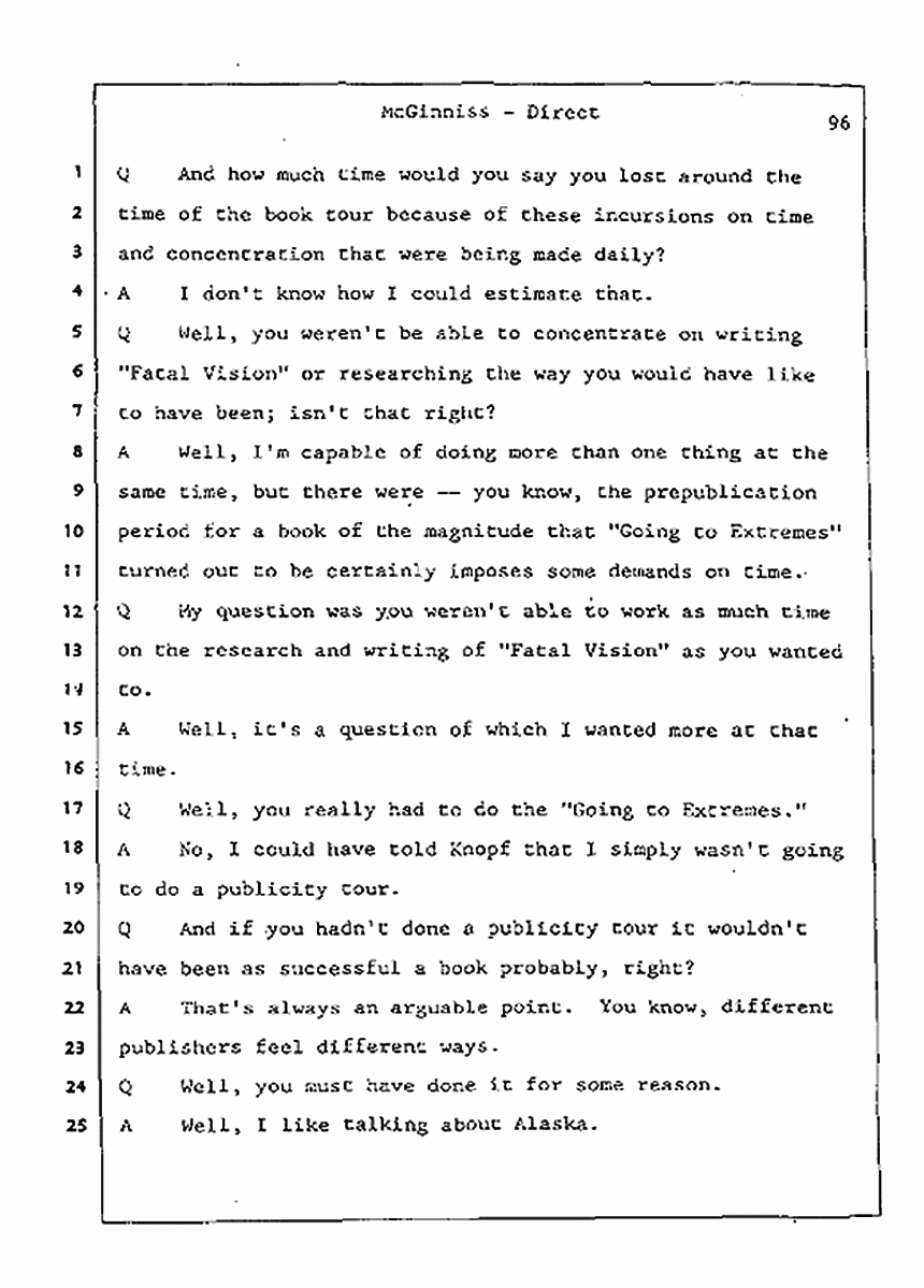Los Angeles, California Civil Trial<br>Jeffrey MacDonald vs. Joe McGinniss<br><br>July 21, 1987:<br>Plaintiff's Witness: Joe McGinniss, p. 96