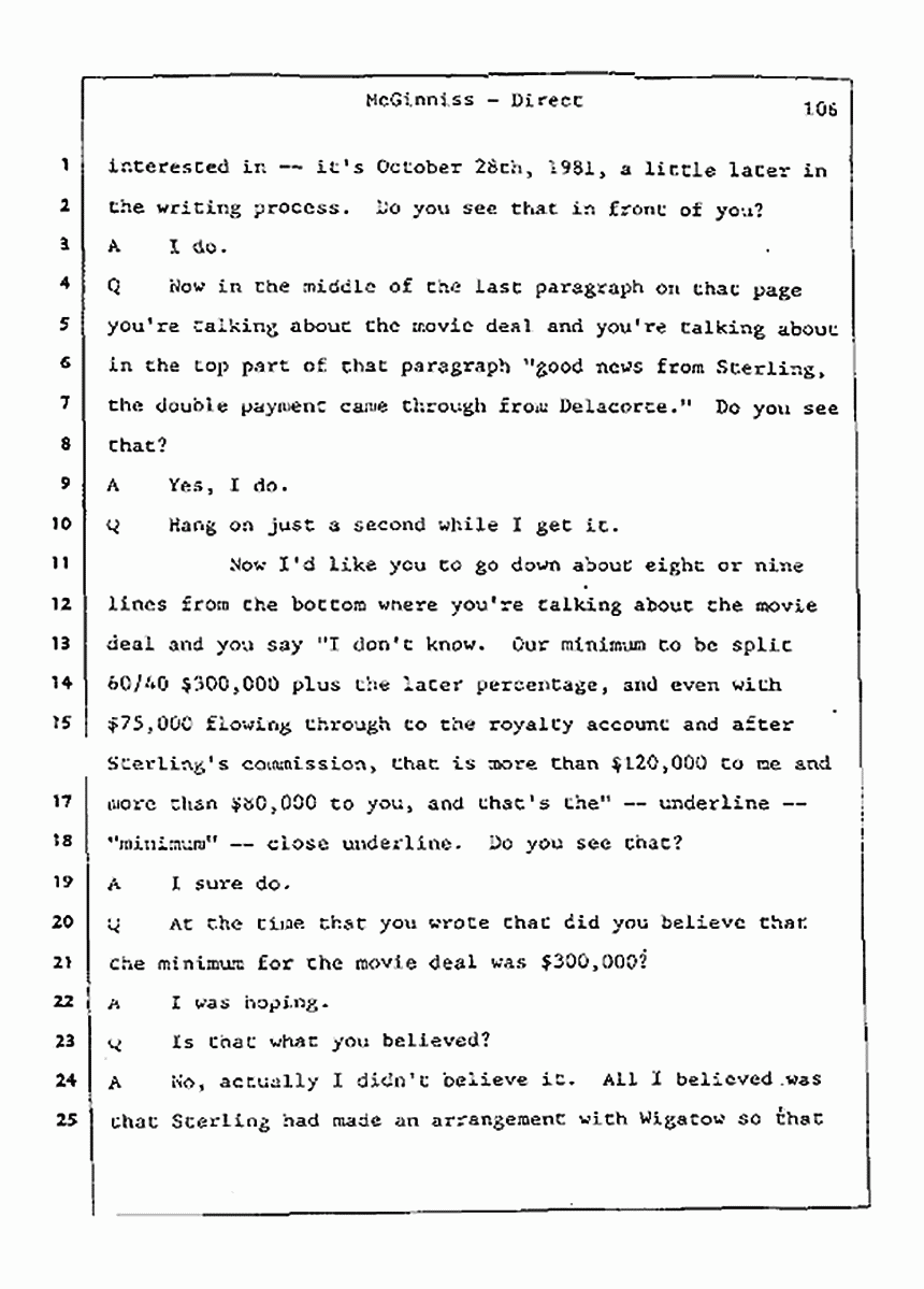 Los Angeles, California Civil Trial<br>Jeffrey MacDonald vs. Joe McGinniss<br><br>July 21, 1987:<br>Plaintiff's Witness: Joe McGinniss, p. 106