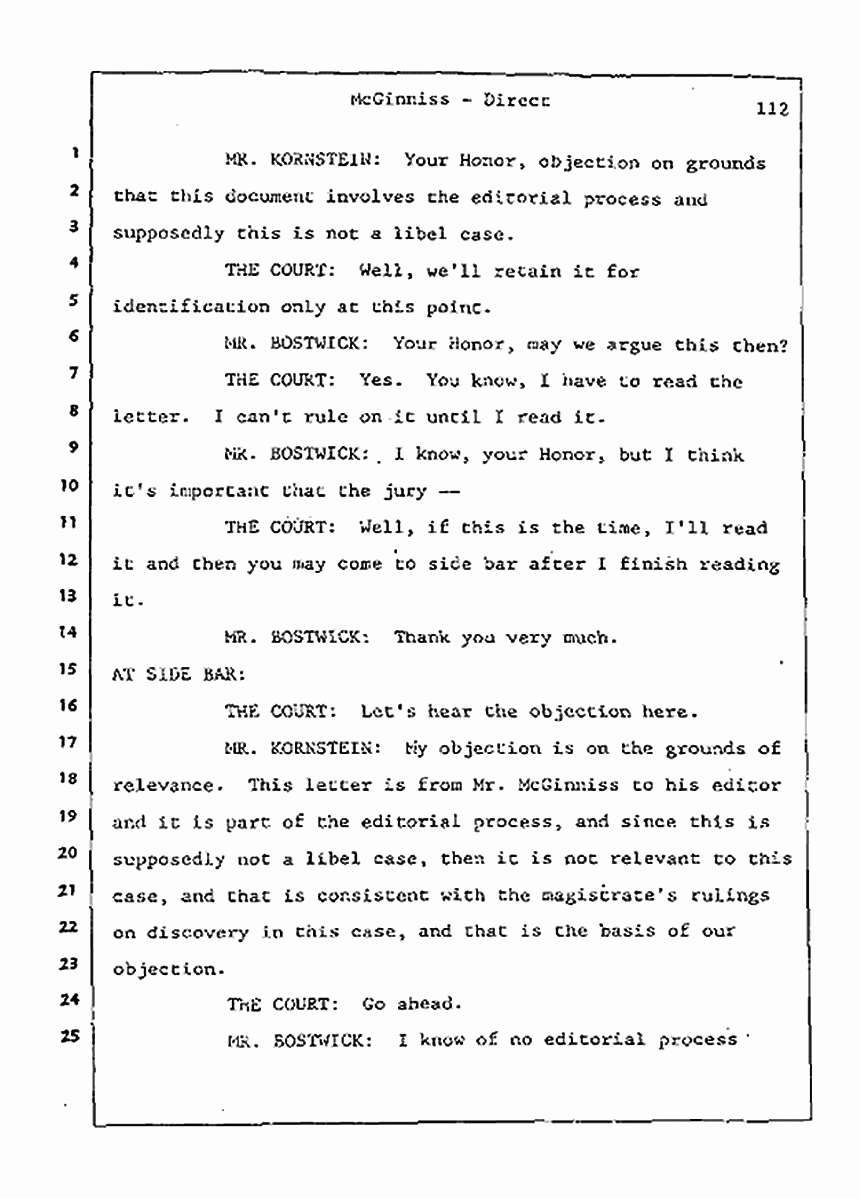 Los Angeles, California Civil Trial<br>Jeffrey MacDonald vs. Joe McGinniss<br><br>July 21, 1987:<br>Plaintiff's Witness: Joe McGinniss, p. 112