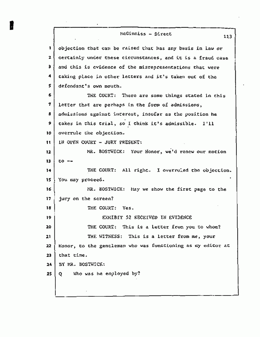 Los Angeles, California Civil Trial<br>Jeffrey MacDonald vs. Joe McGinniss<br><br>July 21, 1987:<br>Plaintiff's Witness: Joe McGinniss, p. 113