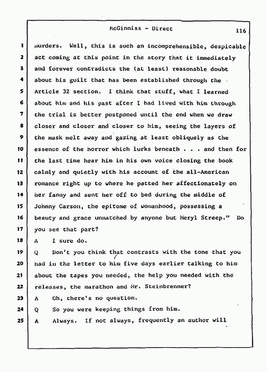 Los Angeles, California Civil Trial<br>Jeffrey MacDonald vs. Joe McGinniss<br><br>July 21, 1987:<br>Plaintiff's Witness: Joe McGinniss, p. 116