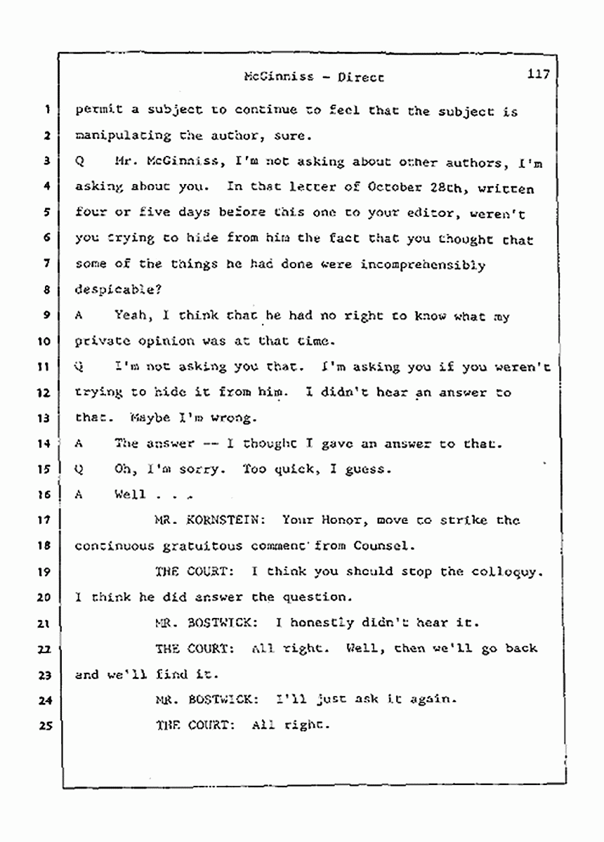 Los Angeles, California Civil Trial<br>Jeffrey MacDonald vs. Joe McGinniss<br><br>July 21, 1987:<br>Plaintiff's Witness: Joe McGinniss, p. 117